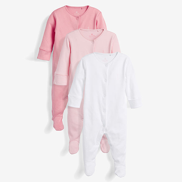 Pink/White 3 Pack Cotton Baby Sleepsuits (0-2yrs)