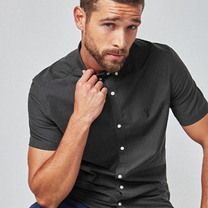 Charcoal Grey Slim Fit Short Sleeve Stretch Oxford Shirt