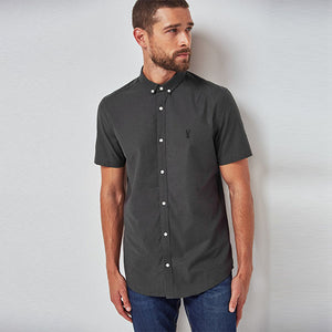 Charcoal Grey Slim Fit Short Sleeve Stretch Oxford Shirt