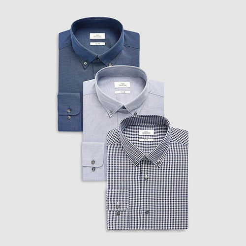 3PK Blue Check And Texture Shirts - Allsport