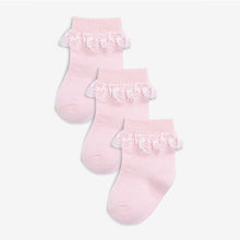 Load image into Gallery viewer, Pink 3 Pack Lace Trim Baby Socks (0mths-12mths) - Allsport
