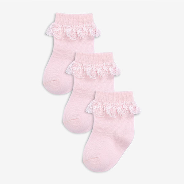 Pink 3 Pack Lace Trim Baby Socks (0mths-12mths) - Allsport