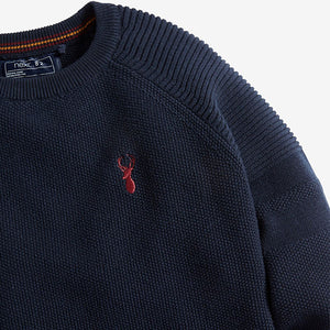 Textured Navy Crew Jumper with Stag Embroidery (3-12yrs) - Allsport