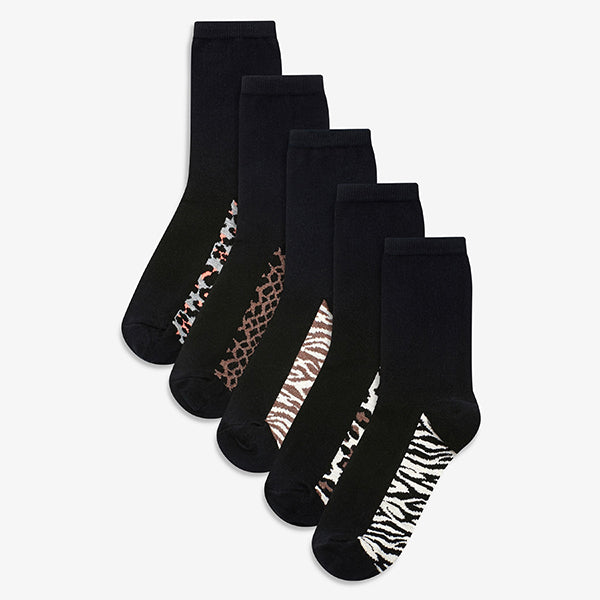 5 Pack Black Animal Print Footbed Ankle Socks