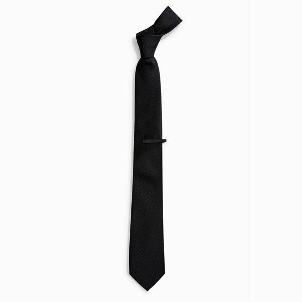 Black Textured Tie With Tie Clip - Allsport