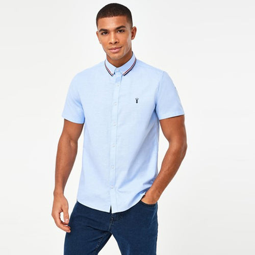 Light Blue Slim Fit Stretch Oxford Tipped Collar Short Sleeve Shirt - Allsport