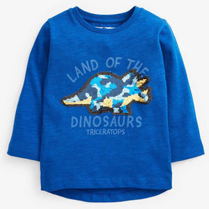 Blue Long Sleeve Dino Flippy Sequin T-Shirt (9mths-6yrs) - Allsport