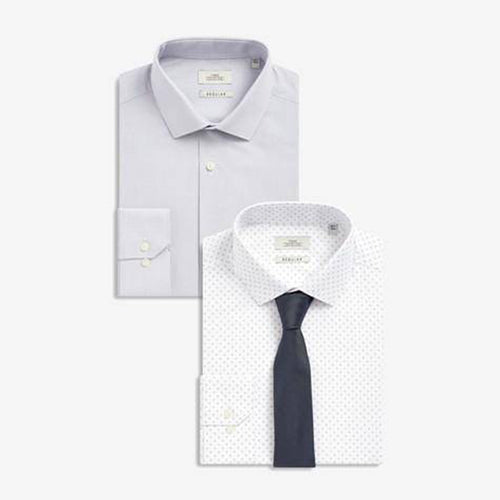 2PK Grey Regular Fit Textured And White Print Shirts With Tie - Allsport