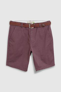 Burgundy Straight Fit Ditsy Print Belted Chino Shorts - Allsport