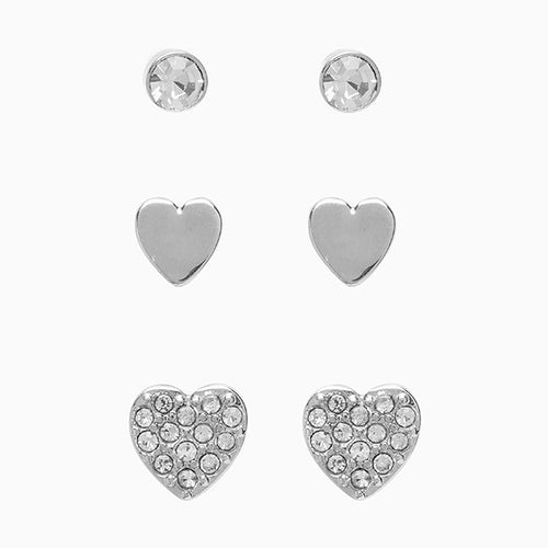 Silver Tone Heart Stud Earrings 3 Pack - Allsport
