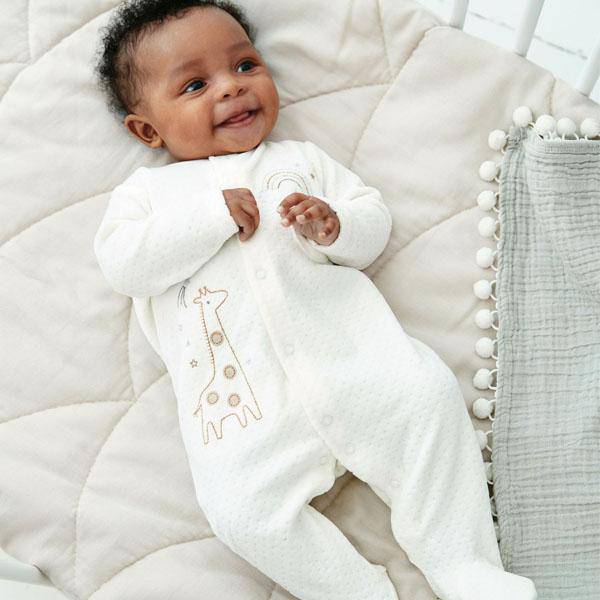 Ecru Giraffe Embroidered Velour Sleepsuit (0-6mths) - Allsport