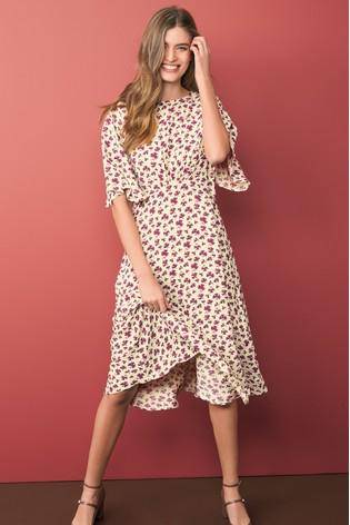 CREAM FLORAL PRINT ANGEL SLEEVE MIDI DRESS - Allsport