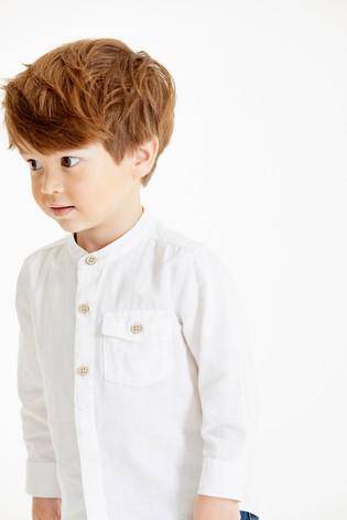 Long Sleeve Linen Mix Grandad White Shirt - Allsport