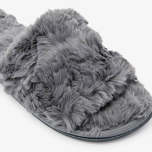 Grey Textured Faux Fur Slider Slippers - Allsport