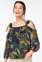 Load image into Gallery viewer, Navy Palm Print Tie Cold Shoulder Top - Allsport
