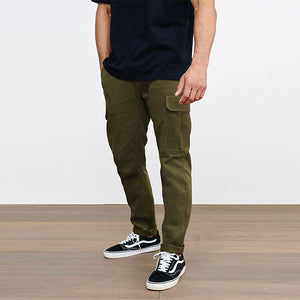 Green Khaki Slim Fit Cotton Stretch Cargo Trousers - Allsport