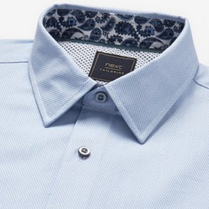 Light Blue Textured Regular Fit Short Sleeve Shirt With Printed Trim Detail - Allsport