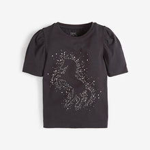 Load image into Gallery viewer, Charcoal Grey Diamanté Stud Unicorn T-Shirt (3-12yrs) - Allsport
