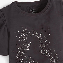 Load image into Gallery viewer, Charcoal Grey Diamanté Stud Unicorn T-Shirt (3-12yrs) - Allsport
