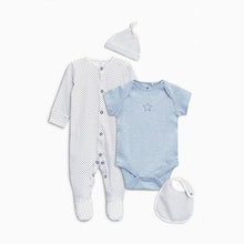 Load image into Gallery viewer, 4PC BLUE SET BASIC SLEEPSUITS (0-9MTHS) - Allsport
