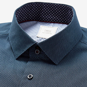Navy Textured Regular Fit Short Sleeve Short Sleeve Shirt With Trim Detail - Allsport