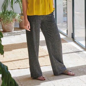 Black Stripe Linen Blend Wide Leg Trousers - Allsport