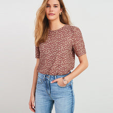 Load image into Gallery viewer, Rush Brown Floral Ruched Shoulder Short Sleeve Top - Allsport
