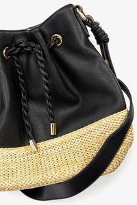Black Material Mix Drawstring Bucket Bag - Allsport
