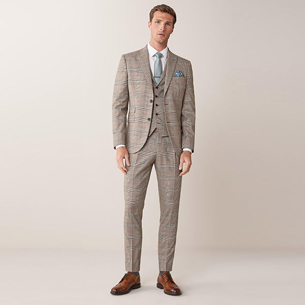 Taupe Check Slim Fit Suit: Jacket - Allsport