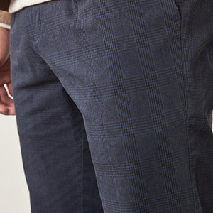 Navy Check Slim Fit Cotton Chino Trousers - Allsport