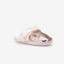 Load image into Gallery viewer, Rose Gold Sequin Faux Fur Mule Slippers (Older Girls) - Allsport
