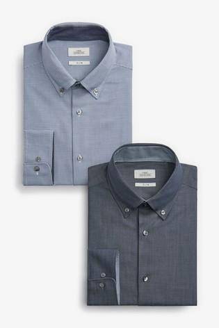 Blue Slim Fit Plain And Check Shirts Two Pack - Allsport
