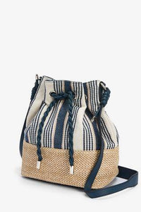 Blue and White Material Mix Drawstring Bucket Bag - Allsport
