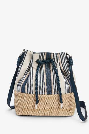 Blue and White Material Mix Drawstring Bucket Bag - Allsport