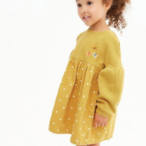 Ochre Yellow Spot Cord Raglan Sleeve Dress (3mths-6yrs) - Allsport