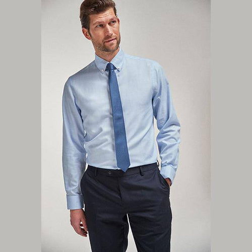 Blue Regular Fit Easy Iron Button Down Shirt With Trim Detail And Navy Tie - Allsport
