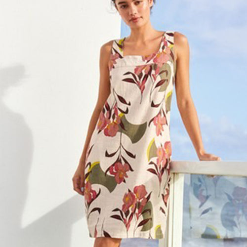 Floral Linen Blend Pintuck Shift Dress - Allsport
