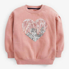 Load image into Gallery viewer, Pink Sequin Love Heart Puff Sleeve Crew Neck Sweat Top (3-12yrs) - Allsport
