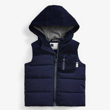 Load image into Gallery viewer, Navy Hooded Cord Gilet (3mths-5yrs) - Allsport

