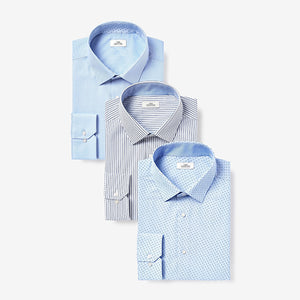 Blue Stripe and Print Regular Fit Single Cuff Shirts 3 Pack - Allsport