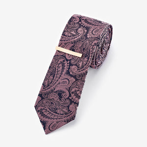 Pink Paisley Slim Tie With Tie Clip