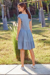 Blue V-Neck Frill Sleeve Dress - Allsport