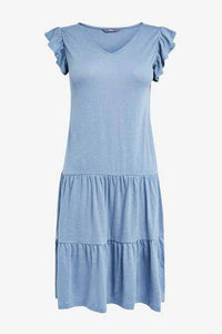Blue V-Neck Frill Sleeve Dress - Allsport