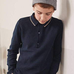 Navy Knitted Textured Polo (3-12yrs) - Allsport
