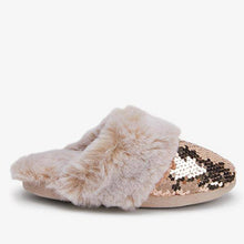 Load image into Gallery viewer, Rose Gold Sequin Faux Fur Mule Slippers (Older) - Allsport
