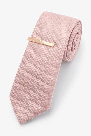 Pink Textured Tie With Tie Clip - Allsport