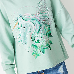 Mint Green Pretty Unicorn Long Sleeve T-Shirt (3-12yrs) - Allsport