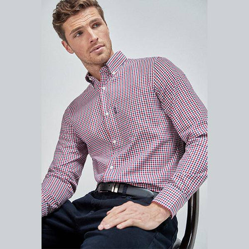 Navy/Red Gingham Check Regular Fit Easy Iron Button Down Oxford Shirt - Allsport