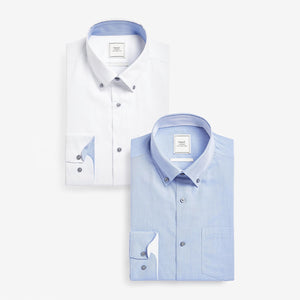 White/Blue Slim Fit Single Cuff Easy Iron Button Down Oxford Shirts 2 Pack
