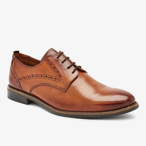 Tan Punch Detail Leather Derby Shoes - Allsport